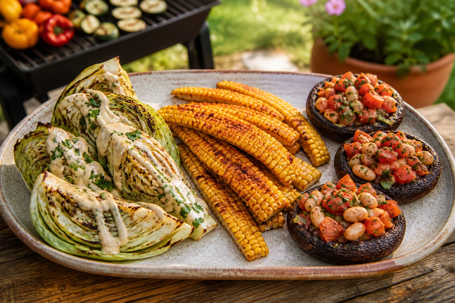 Ungewöhnliche vegane Grillideen Gegrillter Spitzkohl mit Tahini, Corn Ribs und gefüllte Portobello-Pilze auf einer Platte