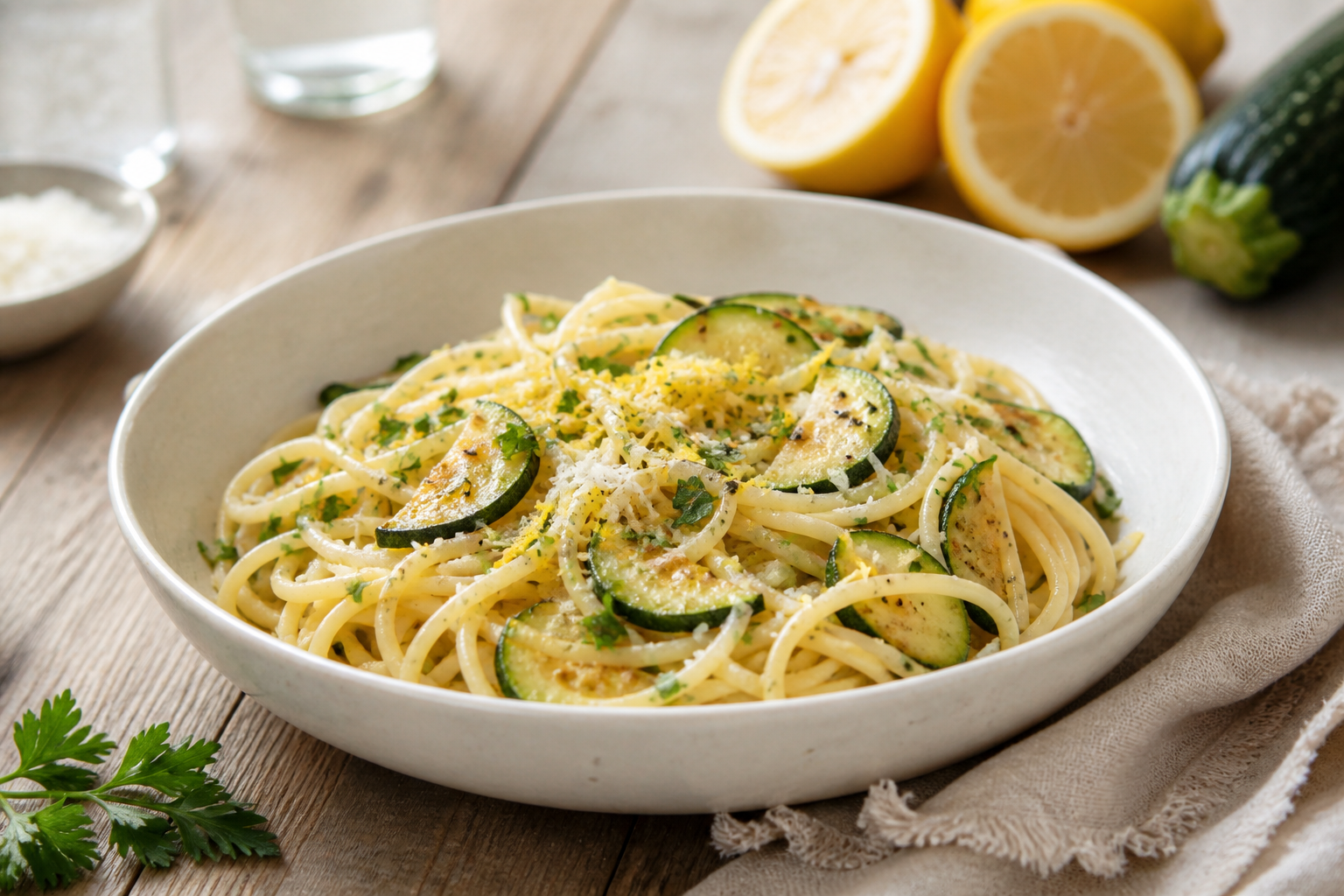 Zitronen-Zucchini-Spaghetti für ein Pasta-Buffet – Bildmotiv mithilfe von KI erstellt