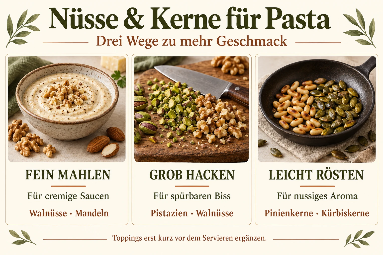 Infografik mit drei Einsatzarten: Nüsse fein mahlen, grob hacken oder leicht rösten