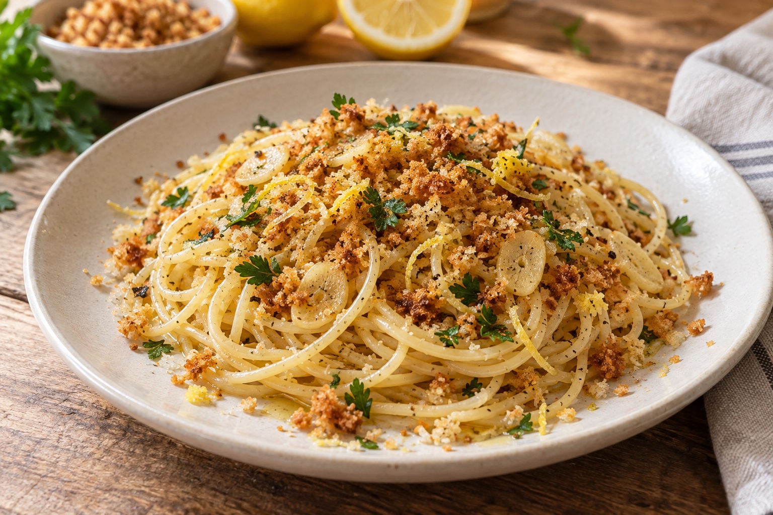 Spaghetti mit goldbraunen Brotbröseln, Knoblauchscheiben, Zitronenschale und Petersilie