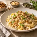 Tagliatelle mit Walnusssauce und Majoran neben Nüssen und Kernen
