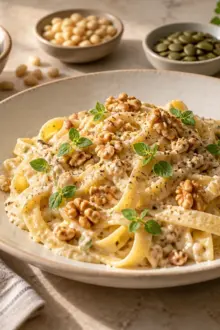 Tagliatelle mit Walnusssauce und Majoran neben Nüssen und Kernen