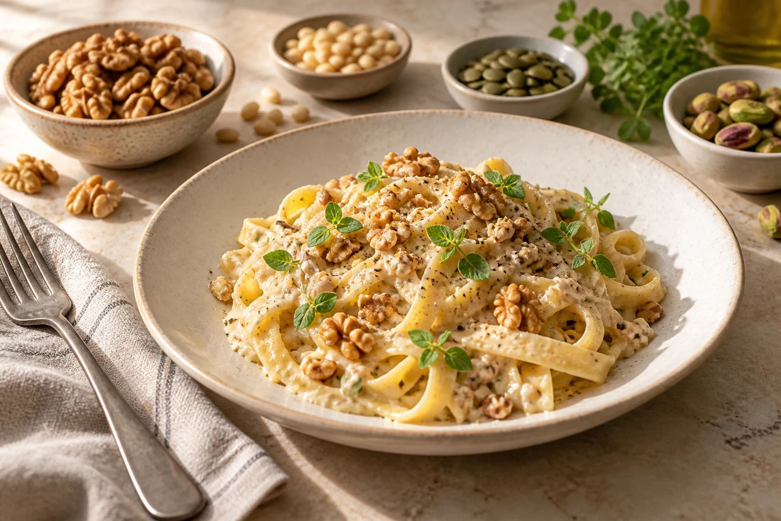 Tagliatelle mit Walnusssauce und Majoran neben Nüssen und Kernen