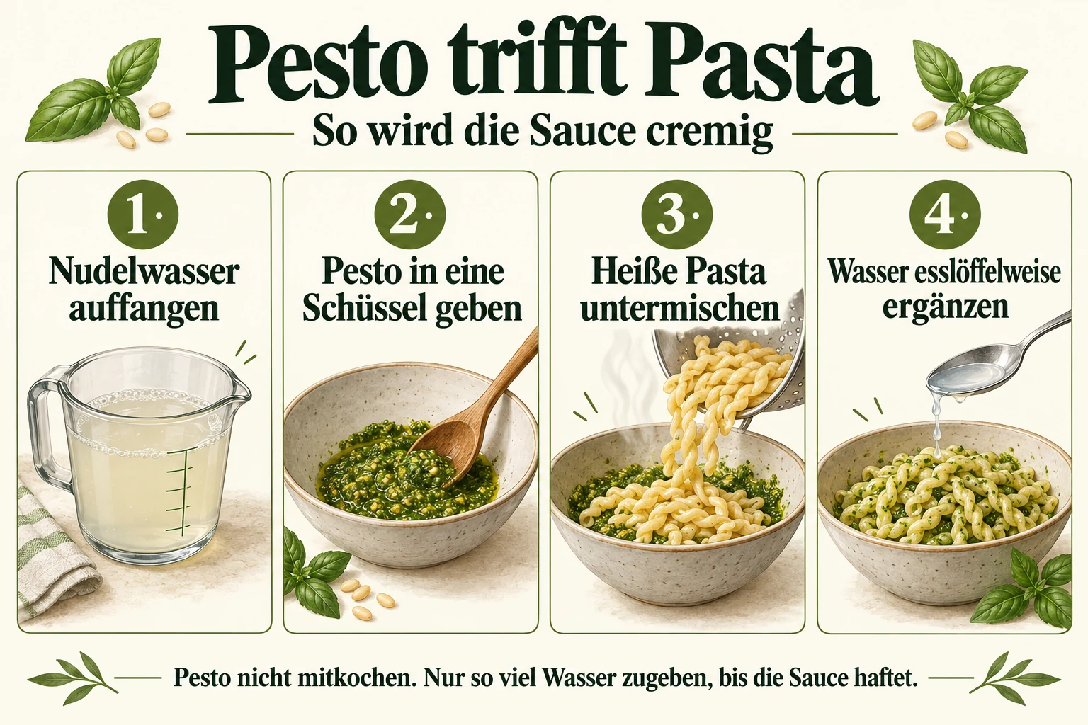 Infografik: Nudelwasser auffangen, Pesto in die Schüssel geben, heiße Pasta untermischen und Wasser dosieren