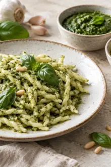 Pasta mit Basilikumpesto und Schälchen mit drei verschiedenen Pesto-Sorten