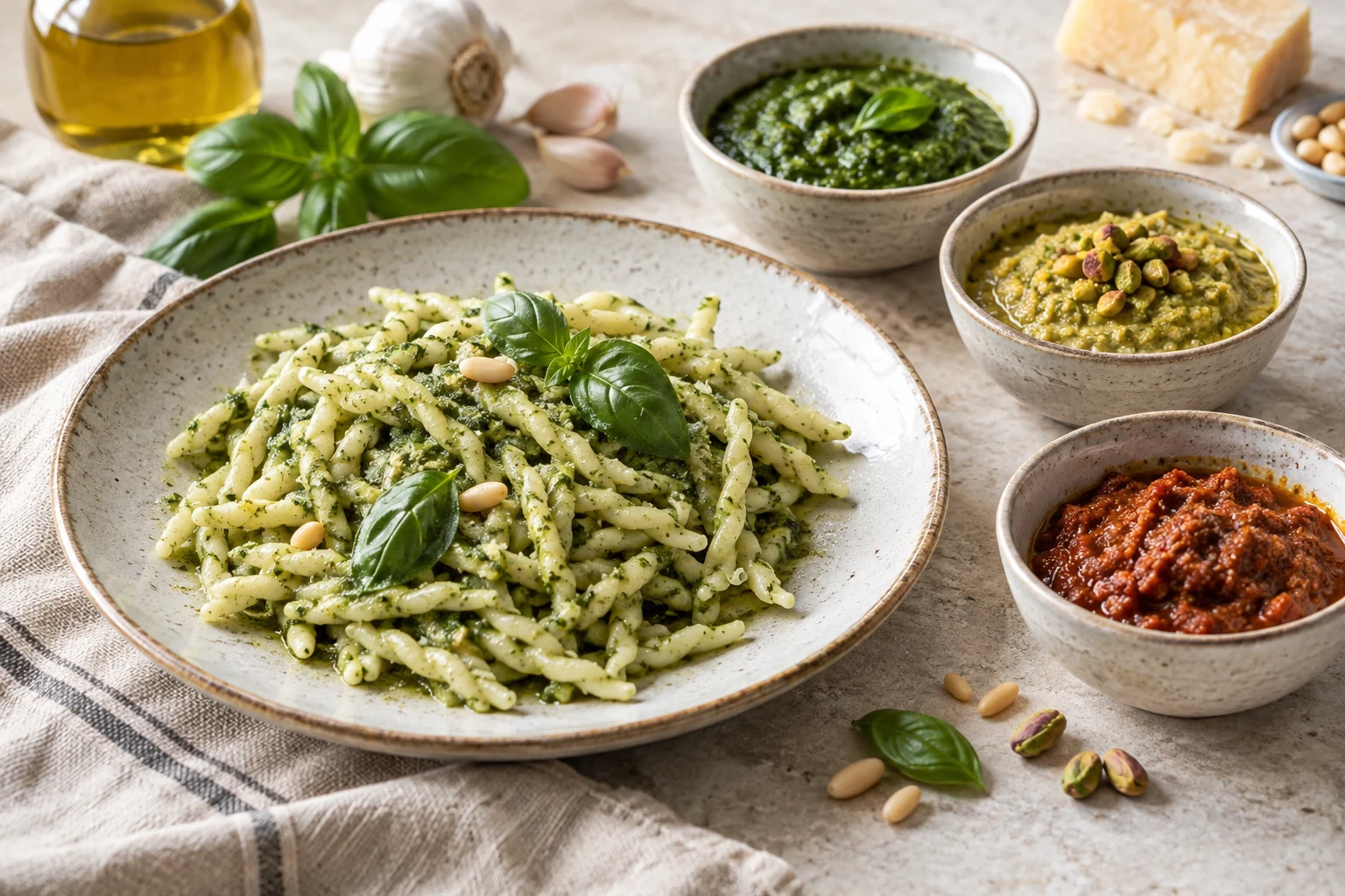 Pasta mit Basilikumpesto und Schälchen mit drei verschiedenen Pesto-Sorten