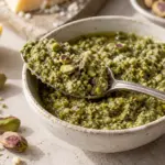 Pistazienpesto auf einem Löffel mit fein gehackten Pistazien