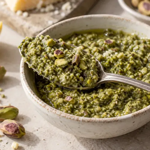 Pistazienpesto auf einem Löffel mit fein gehackten Pistazien