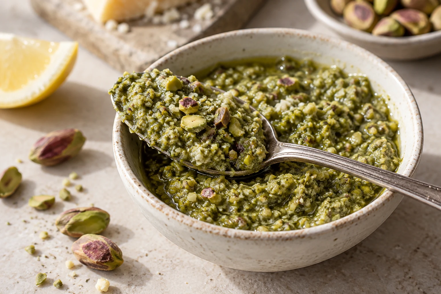 Fein zerkleinertes Pistazienpesto auf einem Löffel mit sichtbaren Pistazienstückchen