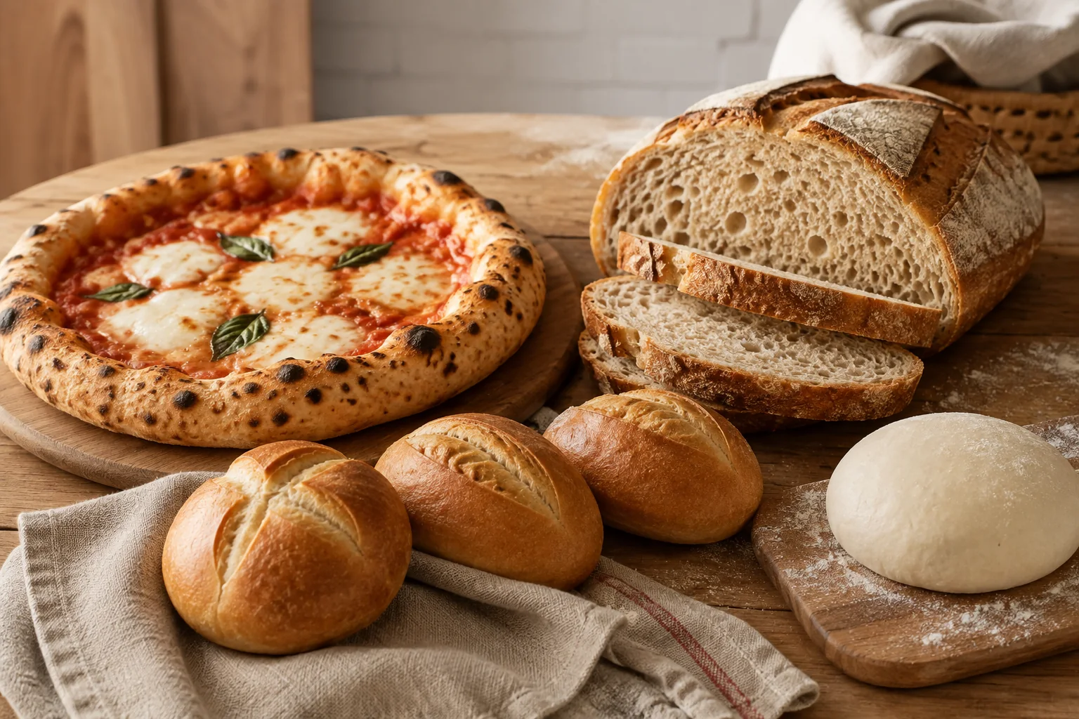 Pizza, angeschnittenes Weizenbrot, Brötchen und ein Teigling auf einem Holztisch