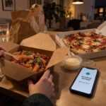 Rigatoni in der Takeaway-Box, Pizza im Karton und ein Smartphone mit Bestellbestätigung auf einem Esstisch am Abend