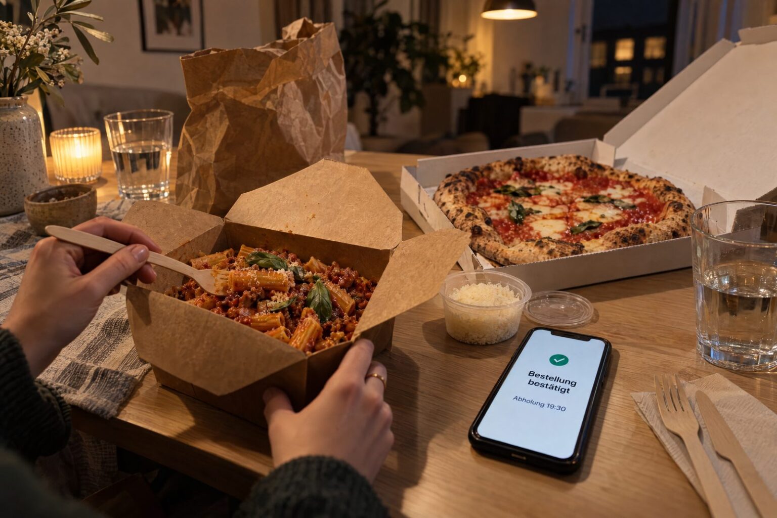 Rigatoni in der Takeaway-Box, Pizza im Karton und ein Smartphone mit Bestellbestätigung auf einem Esstisch am Abend