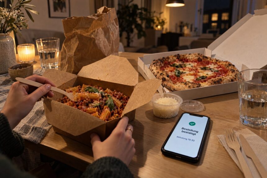 Rigatoni in der Takeaway-Box, Pizza im Karton und ein Smartphone mit Bestellbestätigung auf einem Esstisch am Abend
