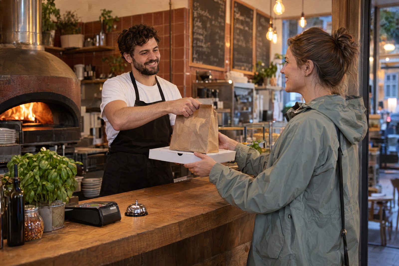 Mitarbeiter einer Pizzeria übergibt einer Kundin eine Papiertüte und einen Pizzakarton über den Tresen