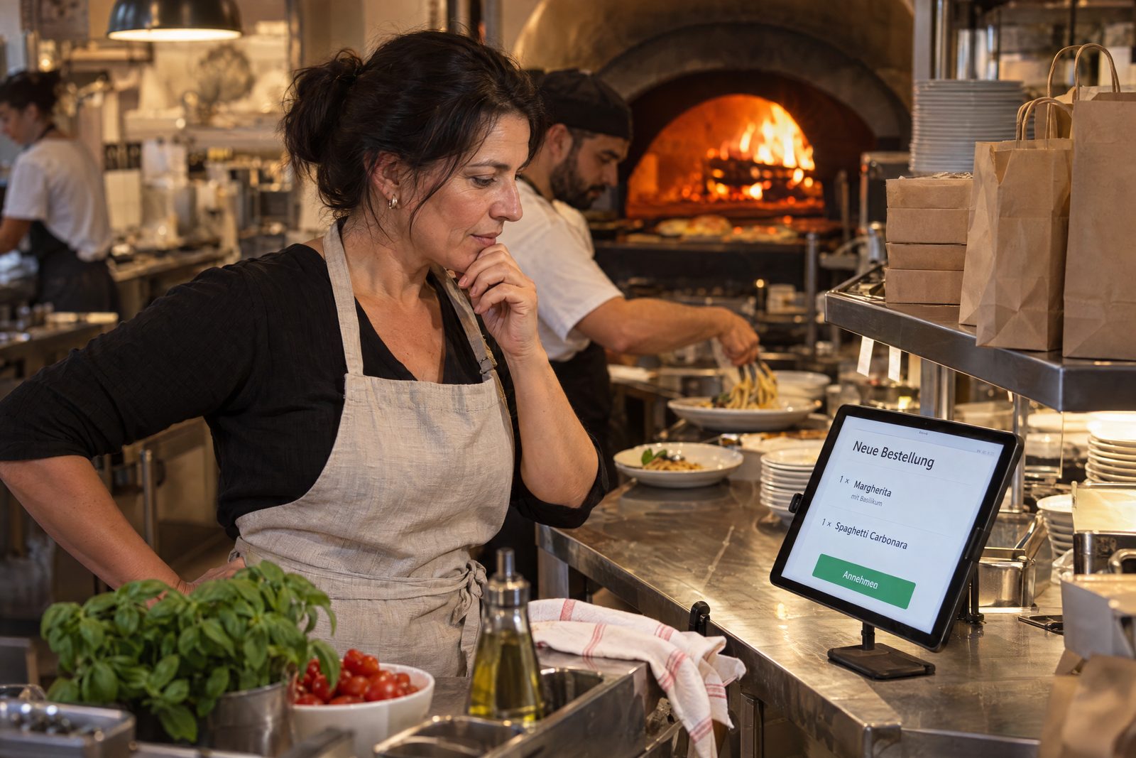 Inhaberin einer Trattoria prüft eine neue Online-Bestellung auf einem Tablet an der Küchenausgabe, im Hintergrund der Pizzaofen